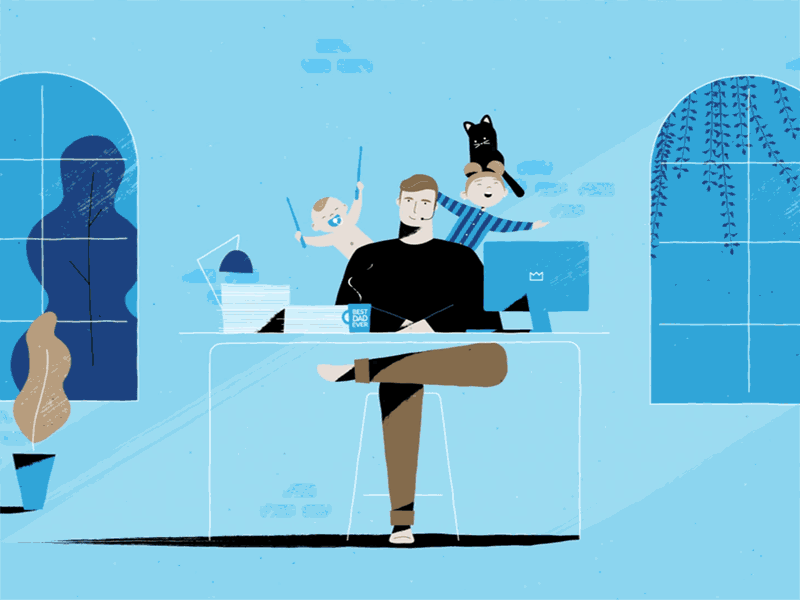Hombre trabajando desde casa con sus hijos y gato: Gifs animados