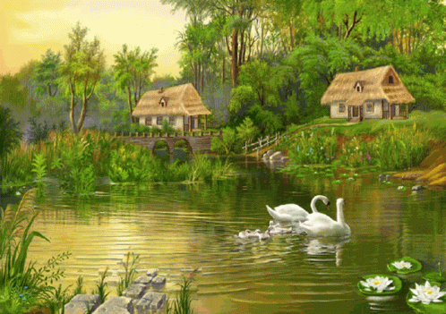 Casas de campo al lado del rio: Gif animado, descargar gratis
