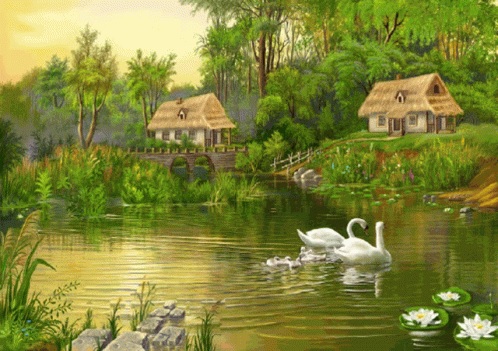 Casas de campo al lado del rio: Gif animado, descargar gratis
